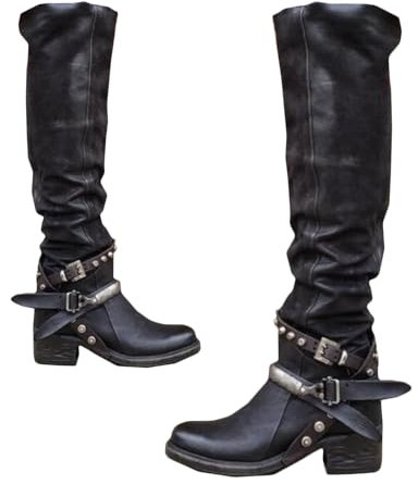 SIULAS Medievale PU Stivali di Pelle - Steampunk Vintage Cuoio Principe Cavaliere Stivali - Regolabile Rider Horse Moto Stivali,Nero,43