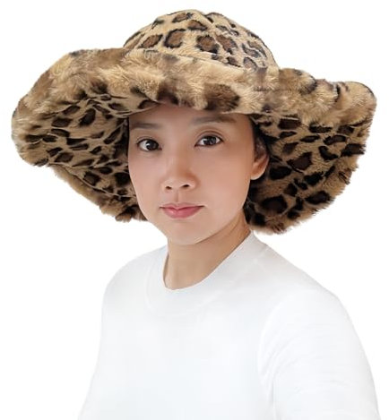 Lina & Lily Damen Winter Fischerhut mit breiter Krempe aus Kunstfell (Leopard Braun-1)