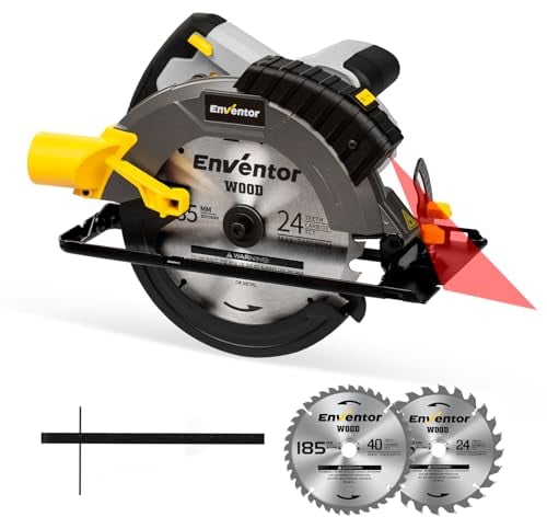 Enventor 1650W Sega Circolare con Guida Laser, Sega Circolare per Legno 5500RPM, Profondità di Taglio 62mm(90°), 46mm(45°), 2 Lame (185mm, 24T+ 40T), Motore in Rame Puro, per Tagliare il Legno