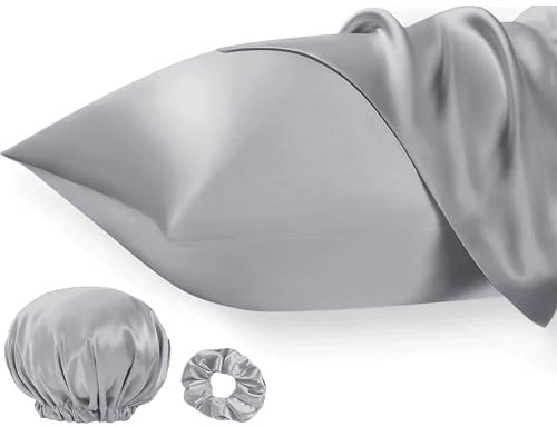 Seiwohl Satin Kissenbezug 40x70 2er Set, Weich wie Seidenkissenbezug Silk Pillowcase, Vegane Seide Kopfkissenbezug Kissenhülle Haarschutz für die Nacht mit Haargummi und Haarhaube, Grau