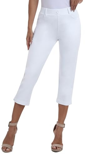 AjezMax Damen 3/4 Golf Hose Stretch Elegante Hosen hohe Taille Büro Business Freizeithose Straight Leg mit Taschen Weiß 3XL