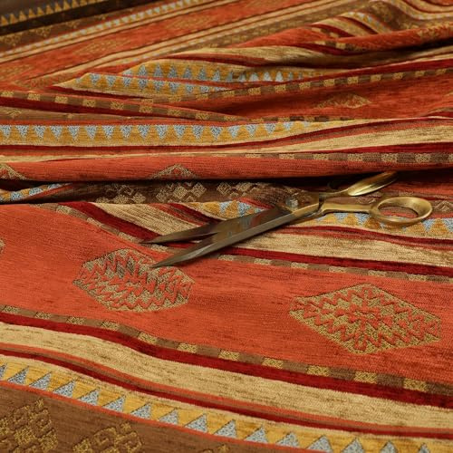 Redbrick Mill Fabrics Schwer entflammbarer Qualitätsstoff Kelim Aztekenmuster mit Streifen in Orange, Rot, Gold, Polsterstoff (Meterware)