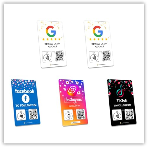 One Tap Only Google Review Tap-Karten + Folgen Sie uns auf Instagram, Facebook und TikTok Tap-Karten (5er-Pack) – Tippen Sie für sofortige Bewertungen und Follower – alle Telefone kompatibel –