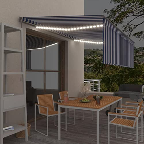 Rantry Casa - Toldo retráctil, manual, parasol y LED, 4 x 3 m, azul y blanco, toldo de exterior para privacidad, balcón, toldo, toldo para soletenda, jardín, balcón, terraza, casa muebles