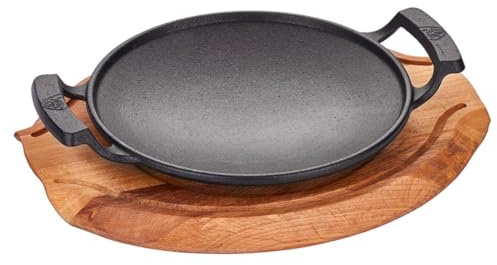 Nobel Cast Iron Sizzling Shallow Wok with Wooden Base Japanese Teppanyaki Grill Platter, 20 cm Diameter, Black