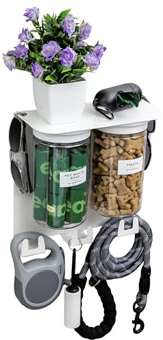 Vascito Premium-Hundeleinen-Halter für die Wand mit Stauraum und 22,9 cm großem Hunderegal, tiefe Hundehaken, 2 große, luftdichte Hundeleckerli-Behälter, Hunde-Organizer, bestes Hundezubehör, neue