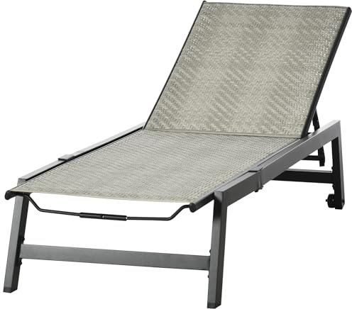 Outsunny Chaise Longue Bain de Soleil transat en résine tressée Imitation rotin avec Roues Dossier inclinable sur 5 Niveaux Cadre en Aluminium Noir, Gris