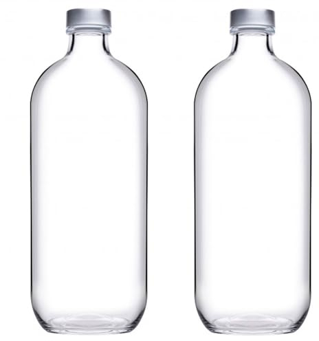 Acan Tradineur Lot de 2 bouteilles en verre avec bouchon chromé, eau froide ou chaude, boissons, thé glacé, limonade, réfrigérateur, camping (1 litre - 26 x 9 cm)