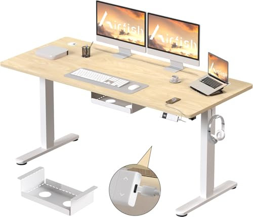 Airfish Elektrisch höhenverstellbarer Schreibtisch 140 x 80 cm mit Typ-C-Ladeanschluss, Elektrischer Schreibtisch mit Kabelmanagement und 3 Memory-Höhen (Beige, 140 x 80 cm)