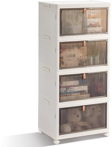 BTGGG 4 Tier Plastic Storage Boxes with Lid, 22L*4 Stackable Storage Boxes on Wheels, Foldable Plastic Drawers on Wheels Collapsible Baskets Containers for Living Room Bedroom Organisation