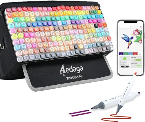 AEDAGA 200 Colours Alcohol Markers with Free App, Chisel and Fine Tips Alcohol Pens with Kickstand Case for Adults, Drawing Markers for Anime Manga Drawing and Sketching