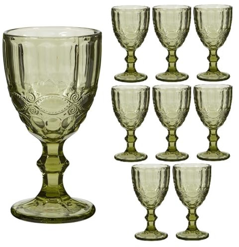 Wine Glasses Set of 8 Embossed Vintage Style Baroque Wine Goblet Glassware Set Dishwasher Safe Wine Glass Set Colourful Footed Chalice Tumblers (Green)