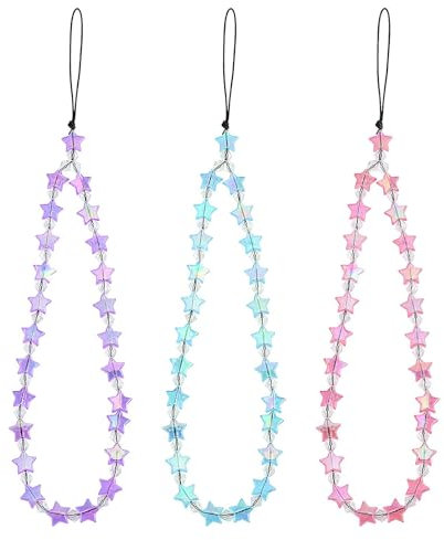 JYTDBCS 3 Pcs Star Beaded Phone Charm, Shiny Pentagram Cell Phone Chain Rainbow Mobile Phone Lanyard Cute Mobile Phone Bracelet Wrist Strap Hanging Cord for Women Girls Phone Accessories