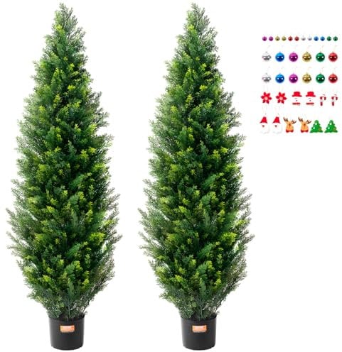 VEVOR 60 inch Tall (2 Pieces), with Extra Leaves & Pot Faux Evergreen Fake Pine Cypress Trees Plant, UV Rated Artificial Greenery Set for Home Decor Indoor/Outdoor, Green, 400 x 400 x 1500 mm