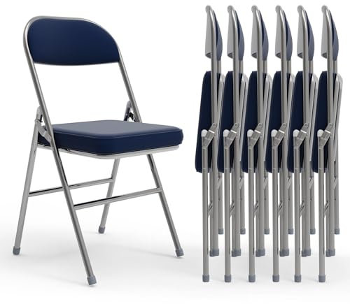Chleby 6er Set Klappstuhl aus Leder und Metall, Klappstühle mit Dickes Kissen, Campingstuhl bis 175 kg, Klappbare Esszimmerstühle für Küche, Drinnen, Draußen, Konferenzraum Dunkelblau