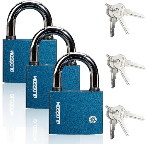 ZOCONE 3 PCS Iron Padlocks with Keys, 38 MM Heavy Duty Mortise Lock, Blue, 3 Keys Each, Weatherproof, Office, Home, Warehouse, Garage, Fence or Locker, Toolbox