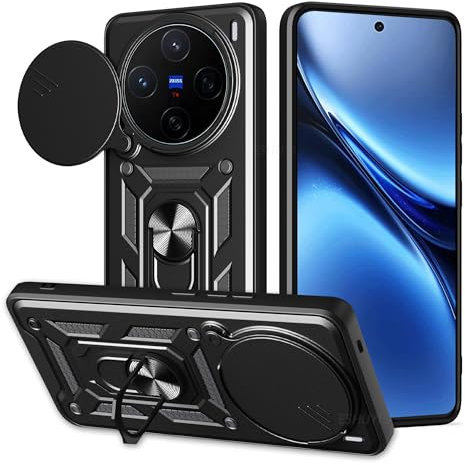 ESHUYI® Hülle für vivo X200 5G mit Slide Camera Cover [Kameraschutz] [Ring Ständer] [Case Kompatibel Mit Magnetischer Autohalterung] Stoßfeste Handyhülle, Schwarz
