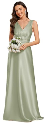Ever-Pretty Abito Cerimonia Donna Eleganti Lungo Raso Senza Maniche Abito Damigella d'Onore Vestito Elegante Scollo a V Menta Verde 42