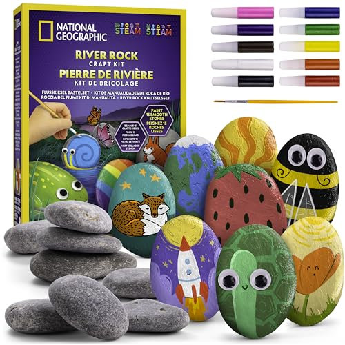 Blue Marble NATIONAL GEOGRAPHIC Kit de Peinture sur Galets – Kit de Loisirs Créatifs pour Enfants, Décore 15 Galets avec 10 Couleurs & Accessoires