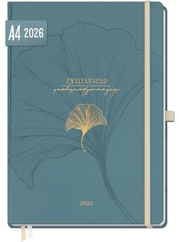 Häfft® Wochen-Notiz-Kalender 2026 A4 Blue Ginkgo | Buchkalender, Planer Notiz-Timer, Terminplaner, Wochenkalender, Organizer, Terminkalender mit Einstecktasche