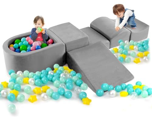 COSTWAY 5 TLG. Schaumstoffbausteine, Riesenbausteine mit Bällebad, Großbausteine zum Toben und Klettern, Kletterblöcke Softbausteine Kinder für Spielzimmer, Kinderzimmer (Grau)