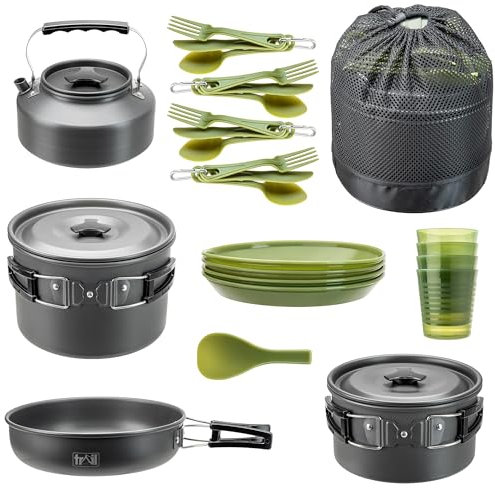 Trail Camping Cookware Set, 4 Person Camp Cooking Kit, Non Stick Hard Anodised Aluminium, 2 Lidded Cook Pots, Frying Pan, Kettle, Spatula, 4 Cups, Plates & Cutlery Sets, Lightweight Stackable with Bag