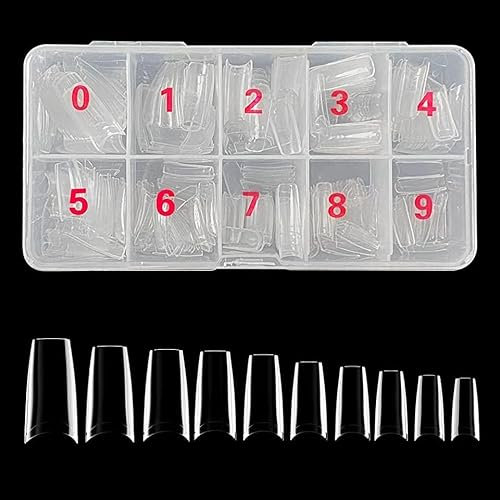 Kit de 500 Capsules pour Faux Ongles, 10 Tailles Assorties, Boîte de Rangement Numérotée, Transparent