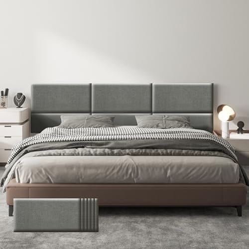 LELEFIDO Lot de 6 panneaux muraux rembourrés et autocollants en lin - Tête de lit 3D insonorisée avec mousse - Pour chambre à coucher, salon, bureau - Gris - 60 x 30 cm