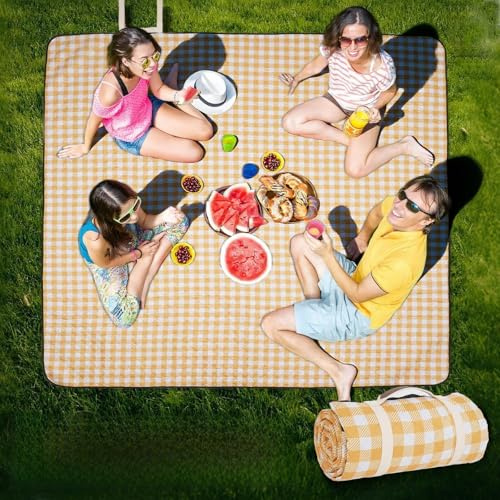 Zettfuly Picknickdecke Outdoor Extra Groß - 203 x 203 cm, tragbare wasserdichte Picknickdecke, maschinenwaschbare, 3-lagige Faltbare Picknickmatte mit sandabweisender Rückseite (Gelb)
