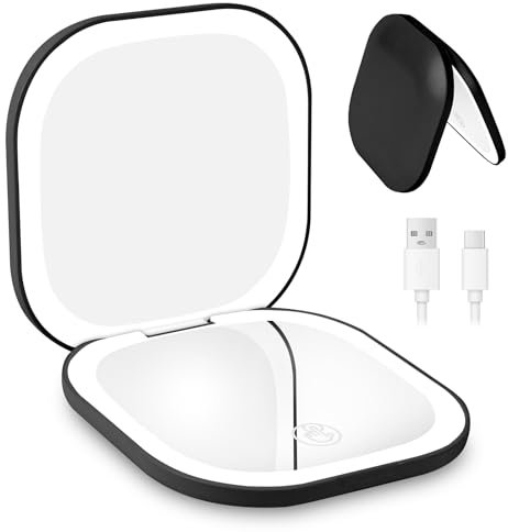 HOTUT LED Taschenspiegel,LED Reisespiegel mit Licht,Faltbarer Makeup Spiegel mit Vergrößerung 1x/3x,Einstellbarer Helligkeit, Wiederaufladbarer Zweiseitiger Handspiegel,Schwarz