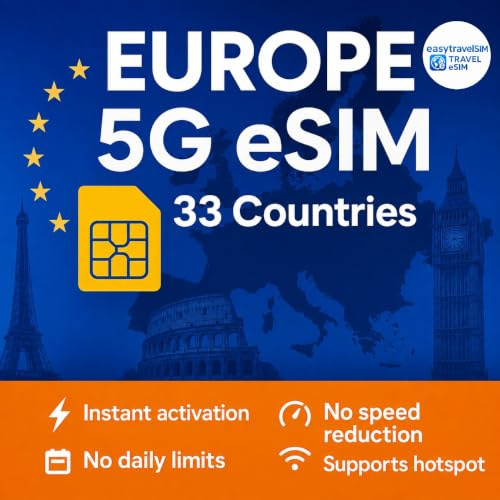 Europa & UK eSIM 35 Länder | Unterstützt Hotspot | 5G High-Speed-Daten | 30 Tage 10-50 GB | E-Mail-Lieferung (5 GB für 15 Tage)