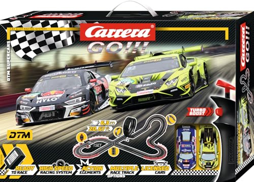Carrera GO!!! 20062595UK DTM Supercars1:43 Scale, 6.3 Metres, With Audi R8 LMS GT3 evo II DTM ABT Feller 7 & Lamborghini Huracán GT3 EVO2 Bortolotti 92, Suitable from 6 Years+, UK Plug Version
