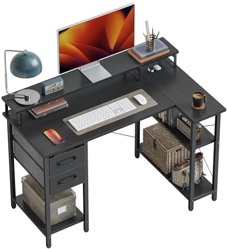 CubiCubi L Shaped Gaming Desk, 120 x 70 cm Computer Desk with Drawers, Corner Office Desk Writing Table with Large Storage Shelves, Workstation for Study Play Work Home Office, Black
