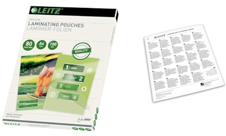 Leitz Set Heißlaminierfolien A4 80 mic 100er Pack, abgerundete Ecken, transparent & glänzend, 33818 + Premium A3/A4-Reinigungsblätter, schützen vor Klebstoffablagerungen und Papierstaus, 72550000