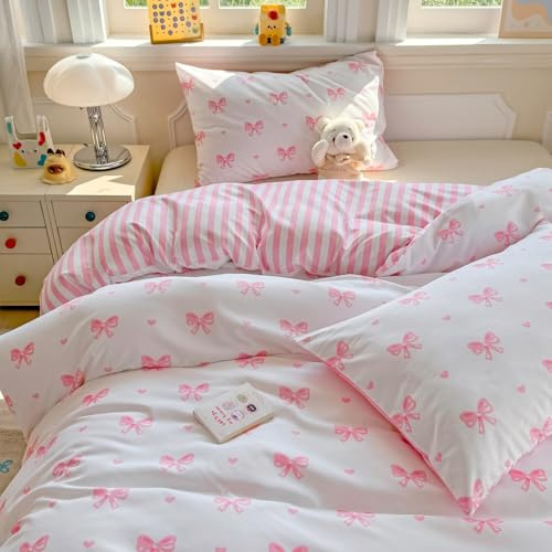 Freyamy Bettwäsche 200x220 Rosa Schleifen Herzen Gestreifte Bettwäsche Set | Mädchen Wendebettwäsche Aesthetic, 3teilig, Microfaser ÖKO-TEX Bettbezug mit Reißverschluss und 2 Kissenbezug 80x80cm
