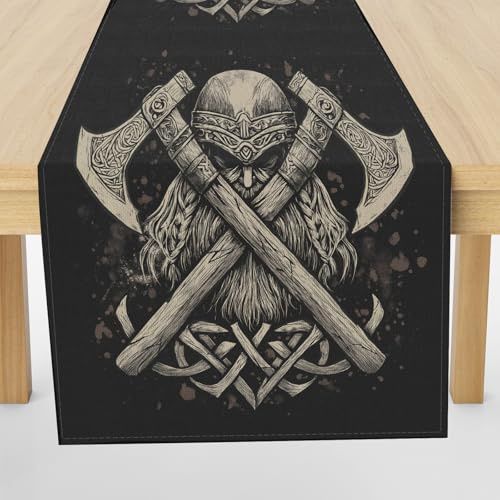 Wikinger Krieger Tomahawk Tischläufer Einschulung Deko, Wikinger Mythos Tischdeko Waschbar Küche Tisch Dekoration Geburtstag Hochzeitsdeko 30x120cm