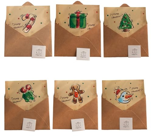 KEQAR 6 Stück Weihnachtskarten Mini, Weihnachtskarten mit Umschlag Set, Weihnachts-Klappkarten, Weihnachtspostkarten, Beste Weihnachtswünsche für Familie und Freunde
