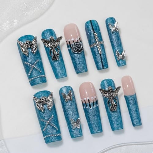 Sun&Beam Nails Handmade Press-on Long Coffin Ballerina Blue Nude Beige Y2K Glam 3D Design Fashion False Nail Tips 10 Pcs Set (#269 S)