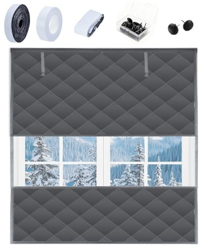 63 * 63Inches Visible Thermal Window Insulation Kit for Winter, Waterproof Winterizing Oxford Cloth Insulated Cover Grey Reusable Insulated Window Curtain Blanket Cotton Layer to Keep Warm