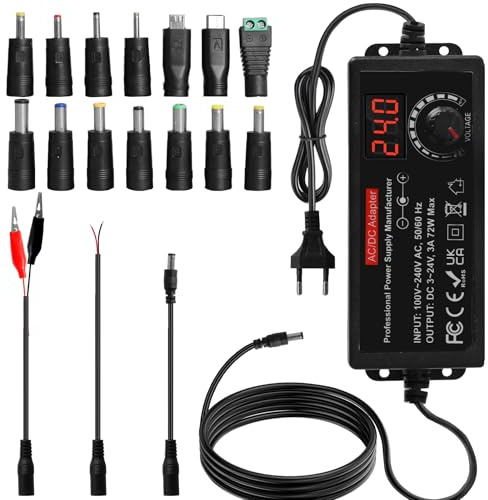 Universal Netzteil 3V-24V Einstellbares Netzteil 100V-240V AC zu DC mit LED Spannungsanzeige 3A 72W Verstellbarer Netzadapter 5,5x2,5mm 16Tipps Verstellbarer Netzadapter,Polkonverter und Messleitung