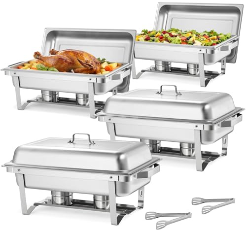 VEVOR Rectangle Chafing Dishes, 9 Qt 4 Pack Stainless Steel Chafing Dish, Food Warmer Chafer Complete Set with Hollow Handle, 2 Food Tongs, Lid, Canister Holder, Chafer Dishes for Banquet Wedding