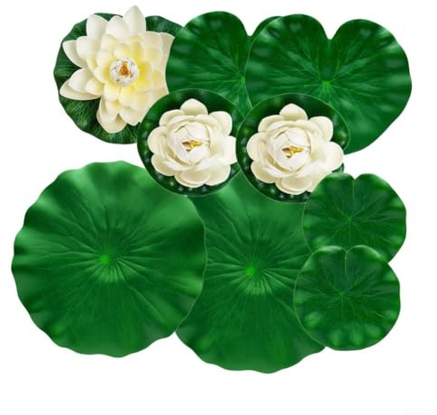Schwimmende künstliche Lotus- und Lilien-Pad-Set, 9-teilig, für Gartenteiche, Terrassen, Terrassen und Wasserspiele im Freien aus EVA-Material