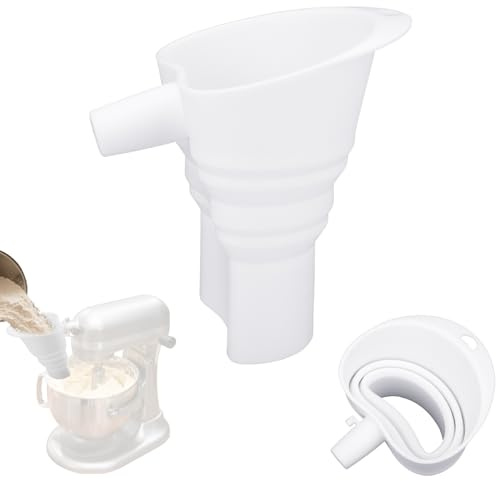 Foldable Flour Funnel for KitchenAid Mixer 4.5-7QT, Silicone Extended Collapsible Funnel Attachment Easy Pouring for Dry & Wet Ingredients (White)