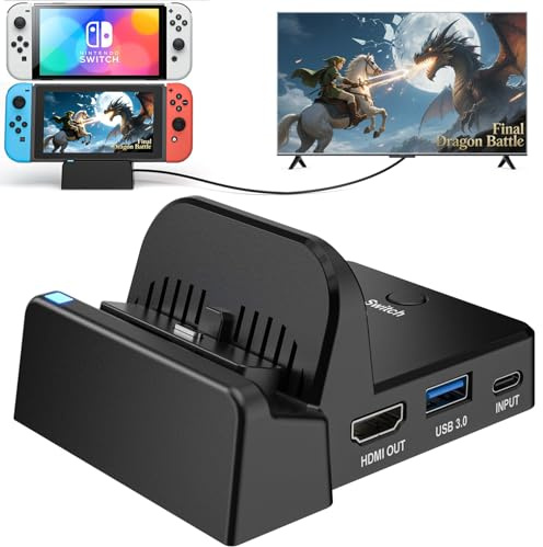 VIXLM TV Docking Station for Nintendo Switch/OLED，Portable Charging TV Dock Station with 4K HDMI Adapter/Type C Data Port/USB 3.0 Port，Replacement for Official Nintendo Switch Dock