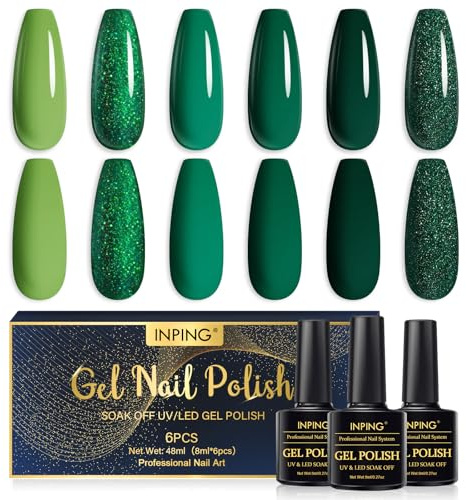 INPING Vernis Semi Permanent Vert 6 Couleurs Gel Vernis à Ongles 8ML | Vert Foncé et Matcha à Paillettes Collection Vert Forêt Brumeux Vernis Gel UV Semi Permanent Pour Débutant Nail Art DIY