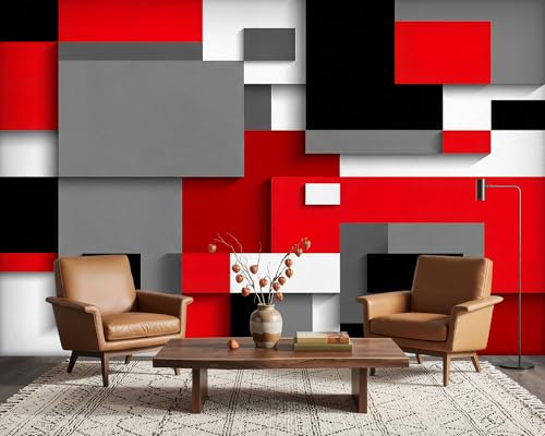 PaxGloz 3D Geometric Photo Wallpaper, Red White Black Grey Modern Wall Mural for Living Room & Bedroom, Non-Woven Decorative Wall Art 100x70 cm