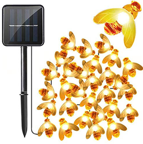 Honeybee String Lights, 21ft Solar Powered 30 LEDs Light, Waterproof Fairy Lights, Bumble Bee Shape Decor for Outdoor, Garden, Party, Wedding, Patio, Xmas Decoration (Warm White)