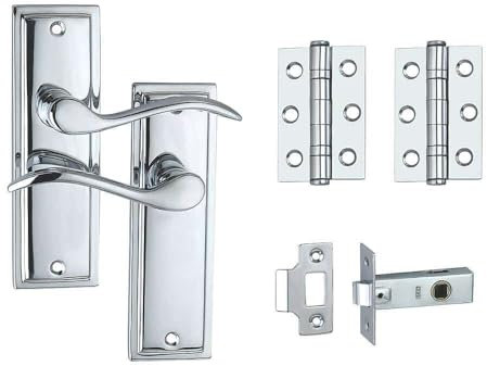 Designer Levers - Berkeley Modern Design Lever Door Handle - 64mm Tubular Latch and 76mm Ball Bearing Hinges Included - Polished Chrome - Interior Use