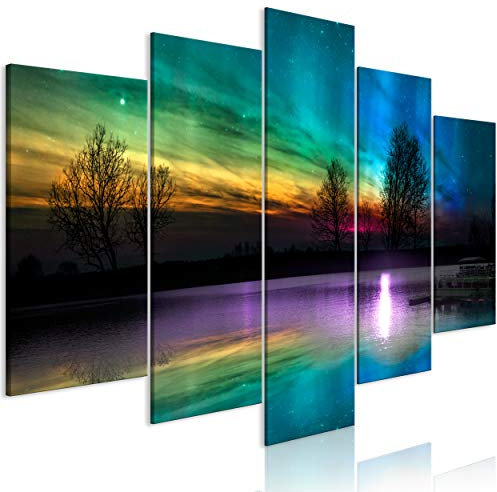 decomonkey Bilder Polarlicht 225x112.5 cm 5 Teilig Leinwandbilder Bild auf Leinwand Wandbild Kunstdruck Wanddeko Wand Wohnzimmer Wanddekoration Deko Landschaft Nordlicht Natur