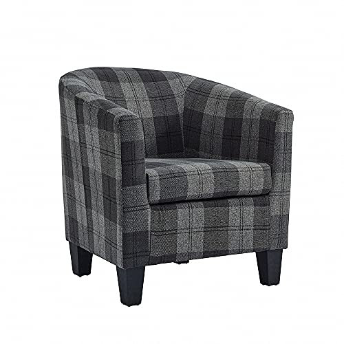 Home Detail Modern Tub Chair, Accent Bedroom Seat, Living Room Chair, Dining Chairs, Small Armchair or Occasional Chairs in Grey Tartan Fabric